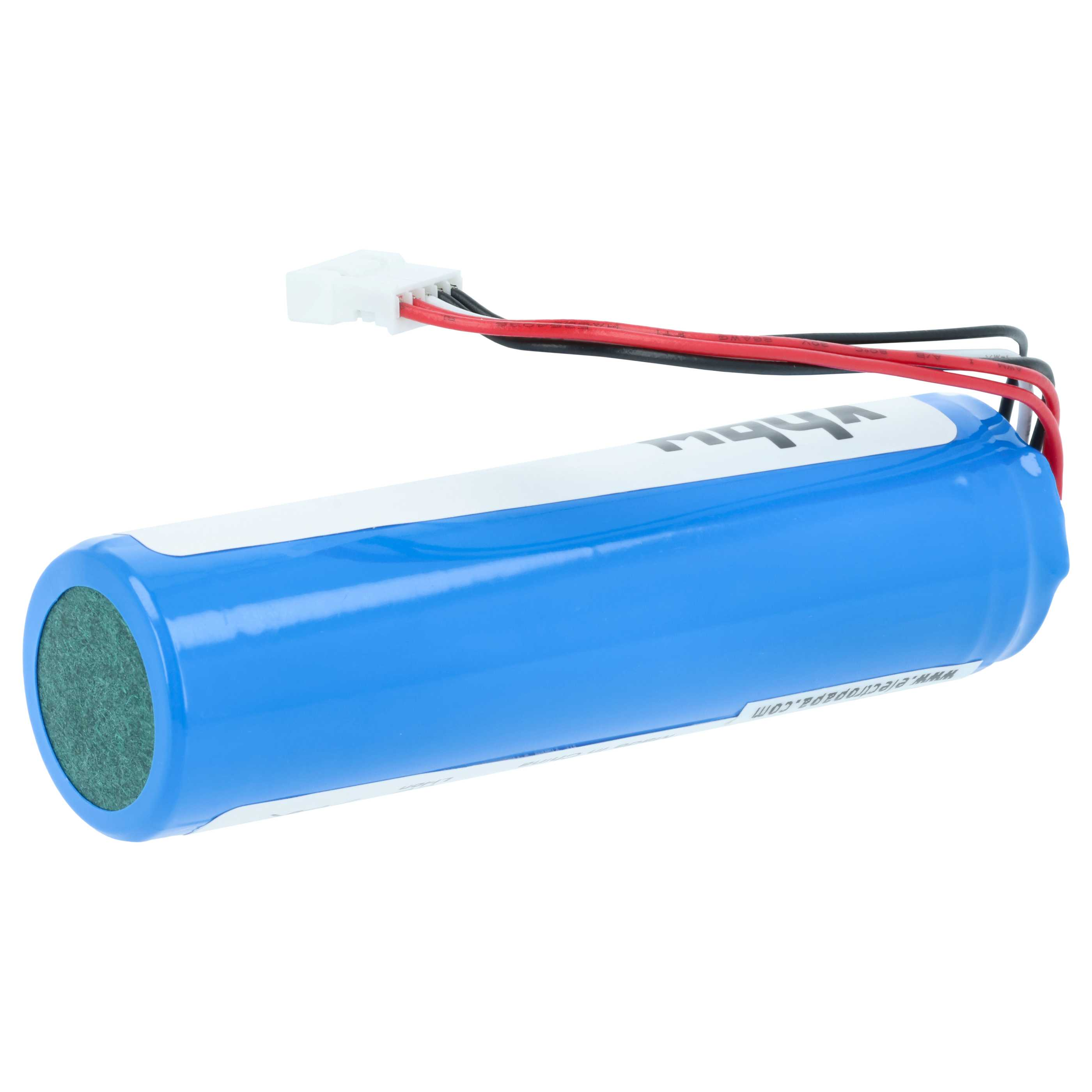 Eine blaue zylindrische Batterie mit Drähten und einem weißen Stecker. Ein grüner Kreis ist an einem Ende.
