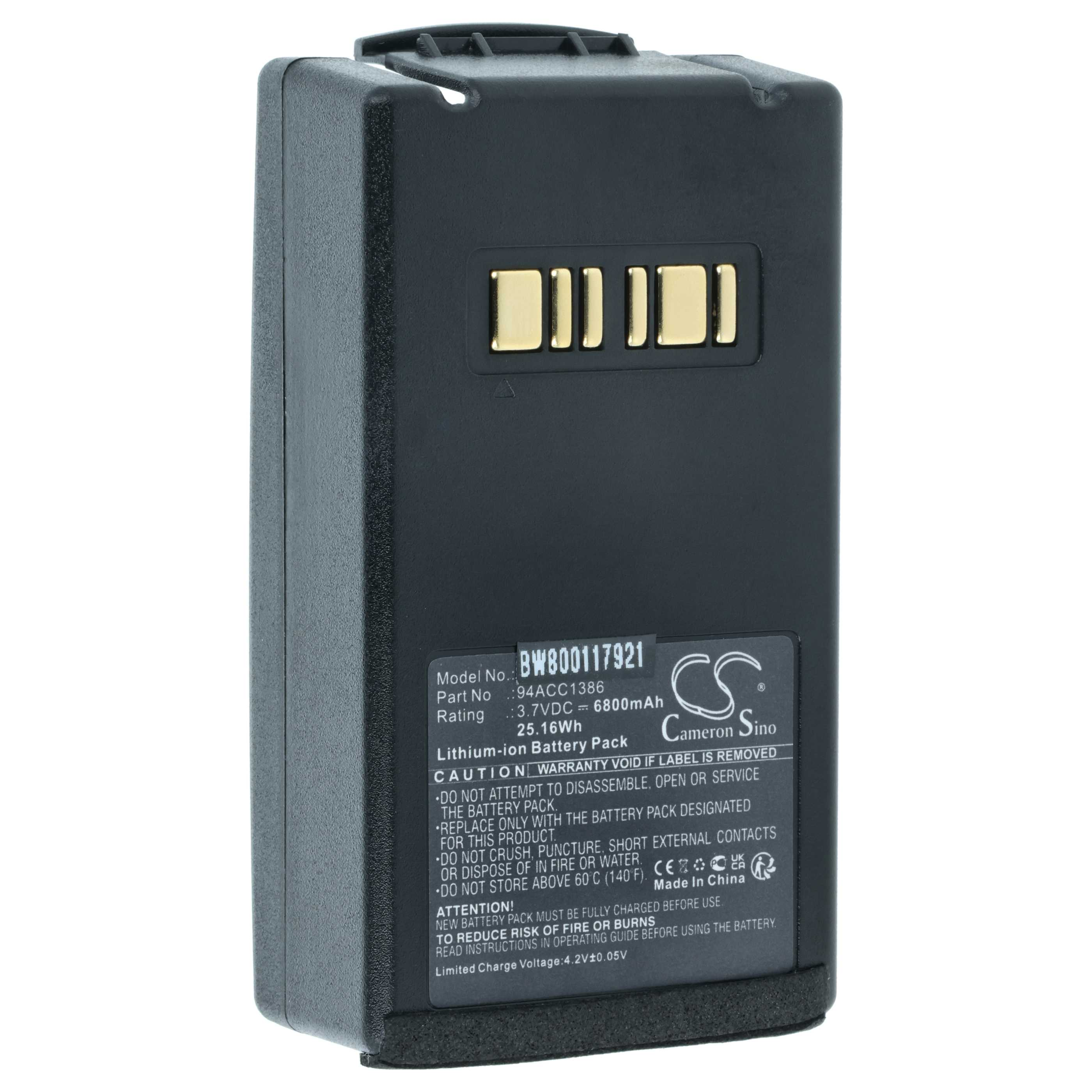 Ein schwarzes Lithium-Ionen-Akkupack mit Etiketten, Modellnummer und Warnhinweisen. Goldkontakte sind oben sichtbar.