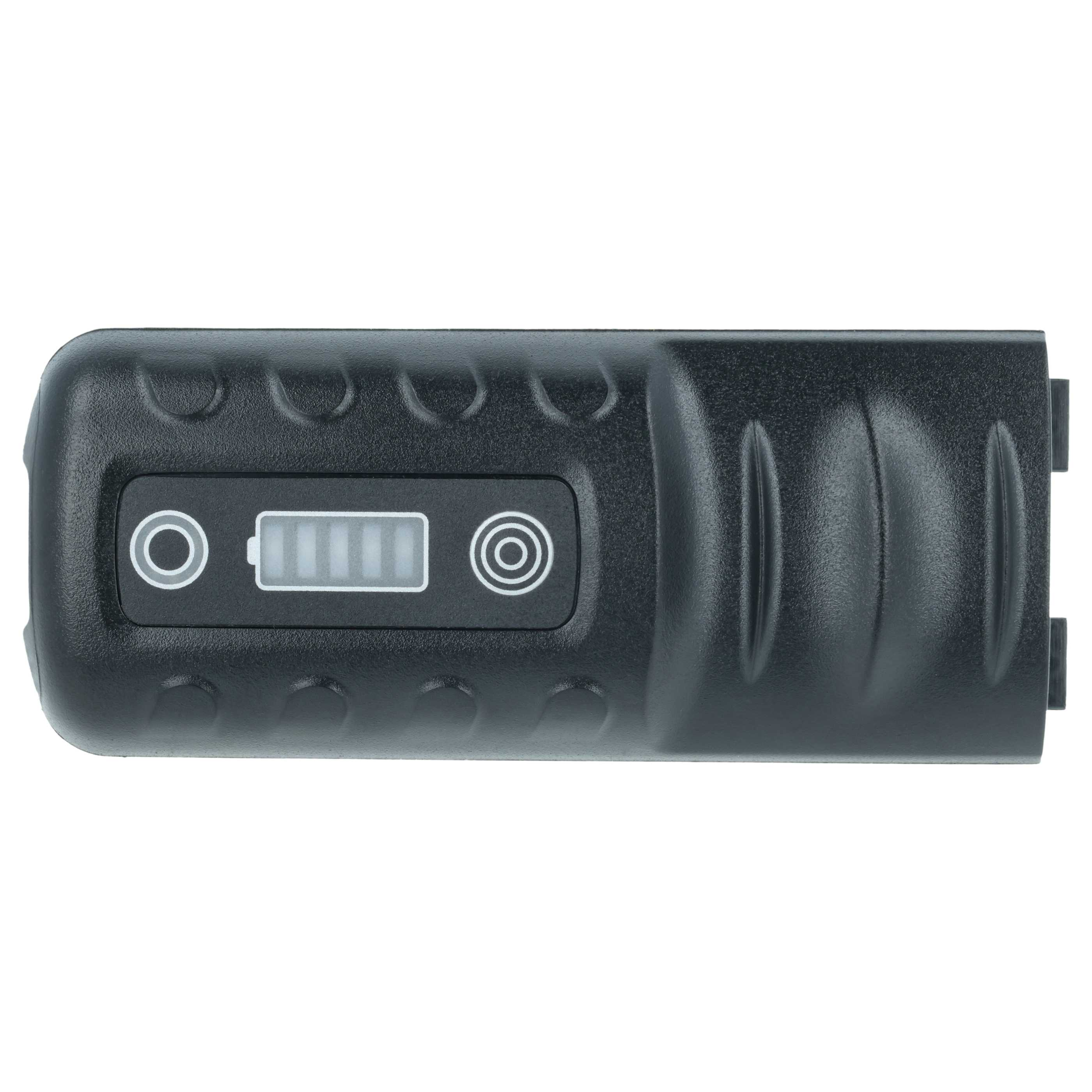 Ein schwarzes Akkupack mit einer Batteriestandsanzeige. Das Pack hat eine strukturierte Oberfläche und abgerundete Kanten.