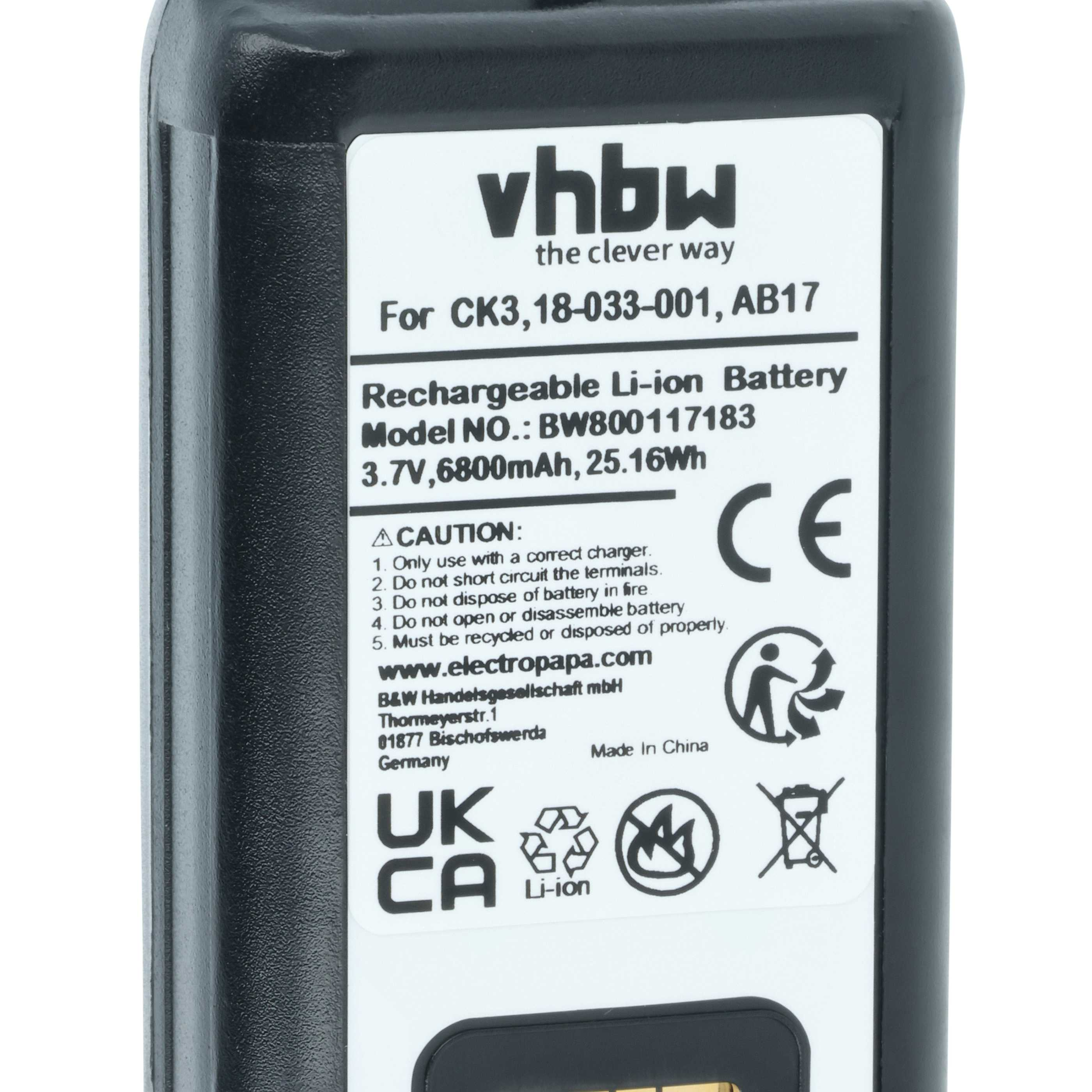 Schwarzer rechteckiger Akku mit weißem Etikett. Text enthält 'vhbw', 'Rechargeable Li-ion Battery' und Sicherheitshinweise.