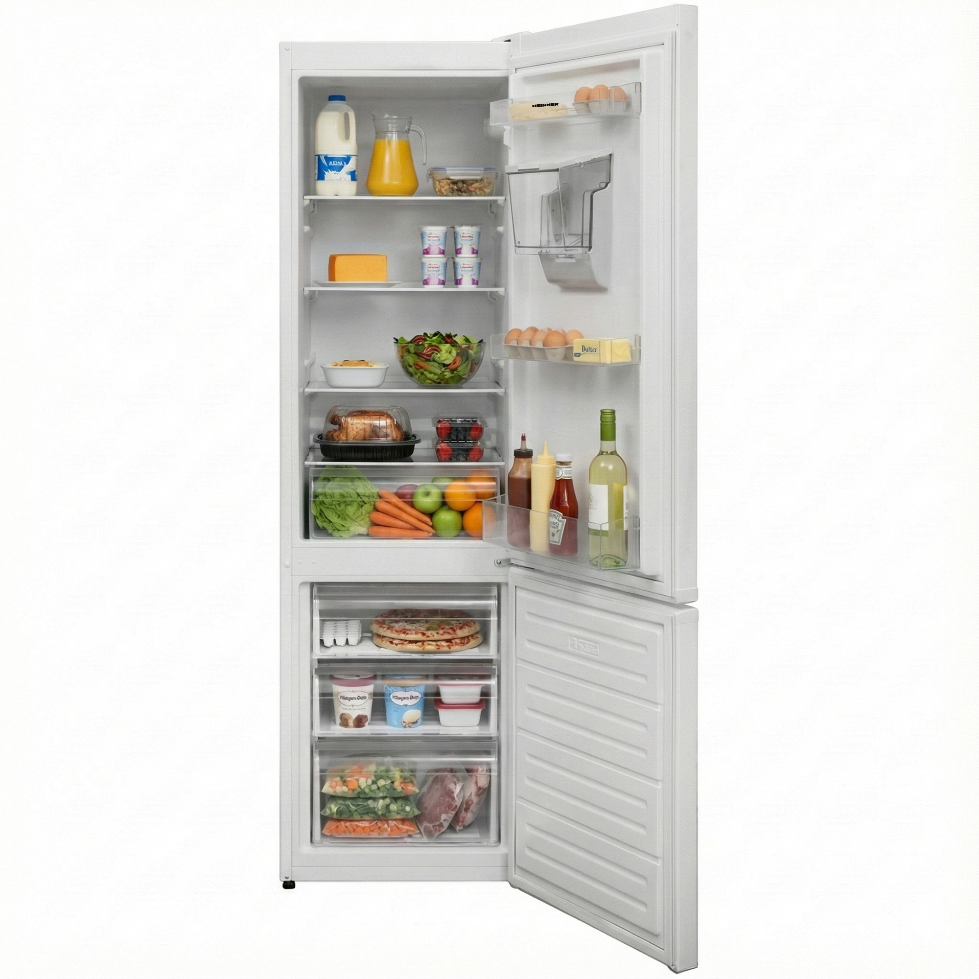 Réfrigérateur ouvert rempli de nourriture : lait, fromage, salade, fruits, légumes, œufs, sauces, vin, pizza, glace et viande.