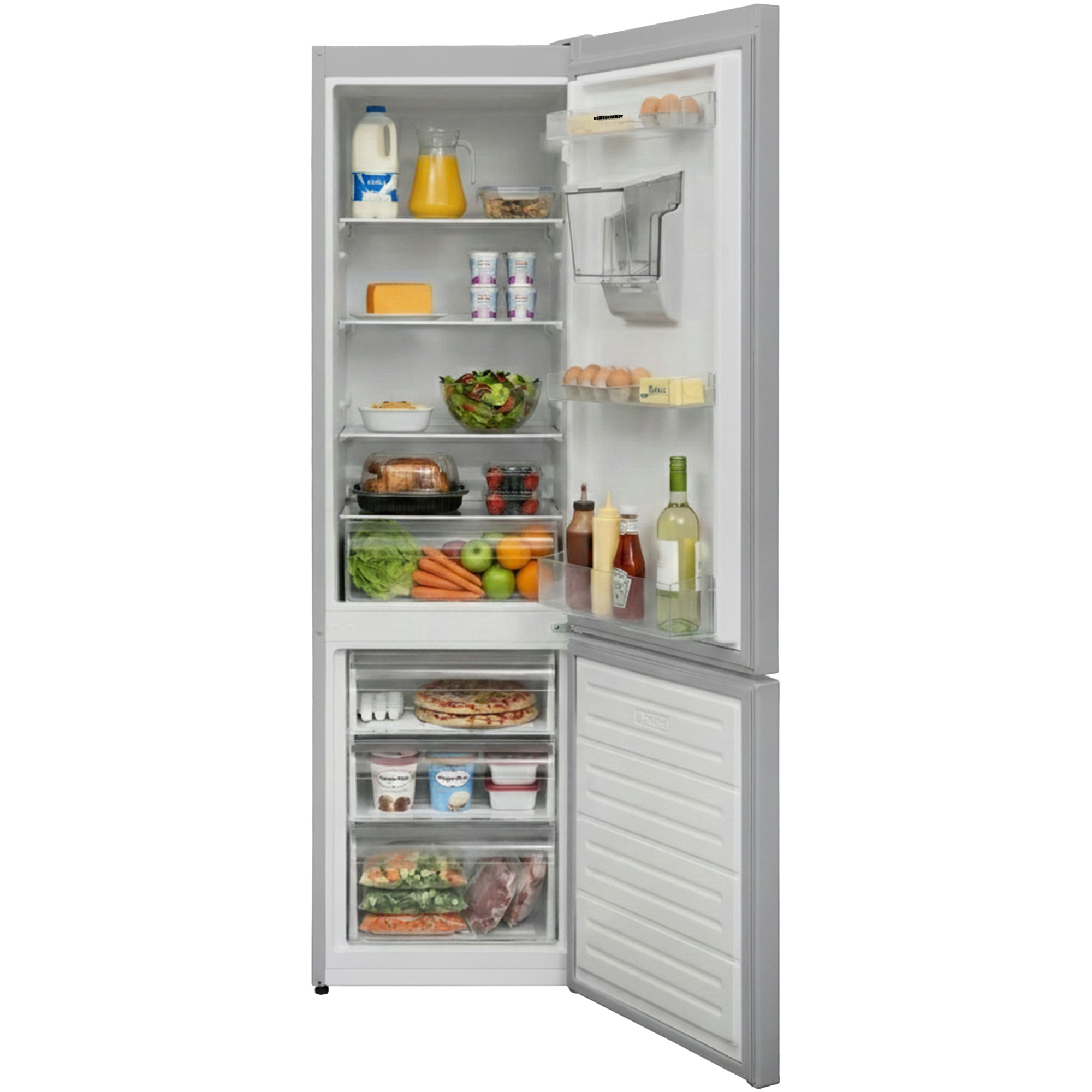 Réfrigérateur ouvert montrant des aliments: lait, jus, fromage, salade, fruits, légumes, pizza, glace et viande.