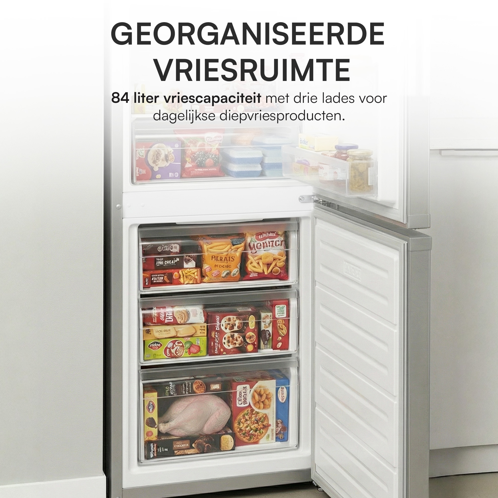 Un congélateur à trois tiroirs, rempli d'aliments surgelés. Le texte ci-dessus dit 'Espace congélateur organisé'.