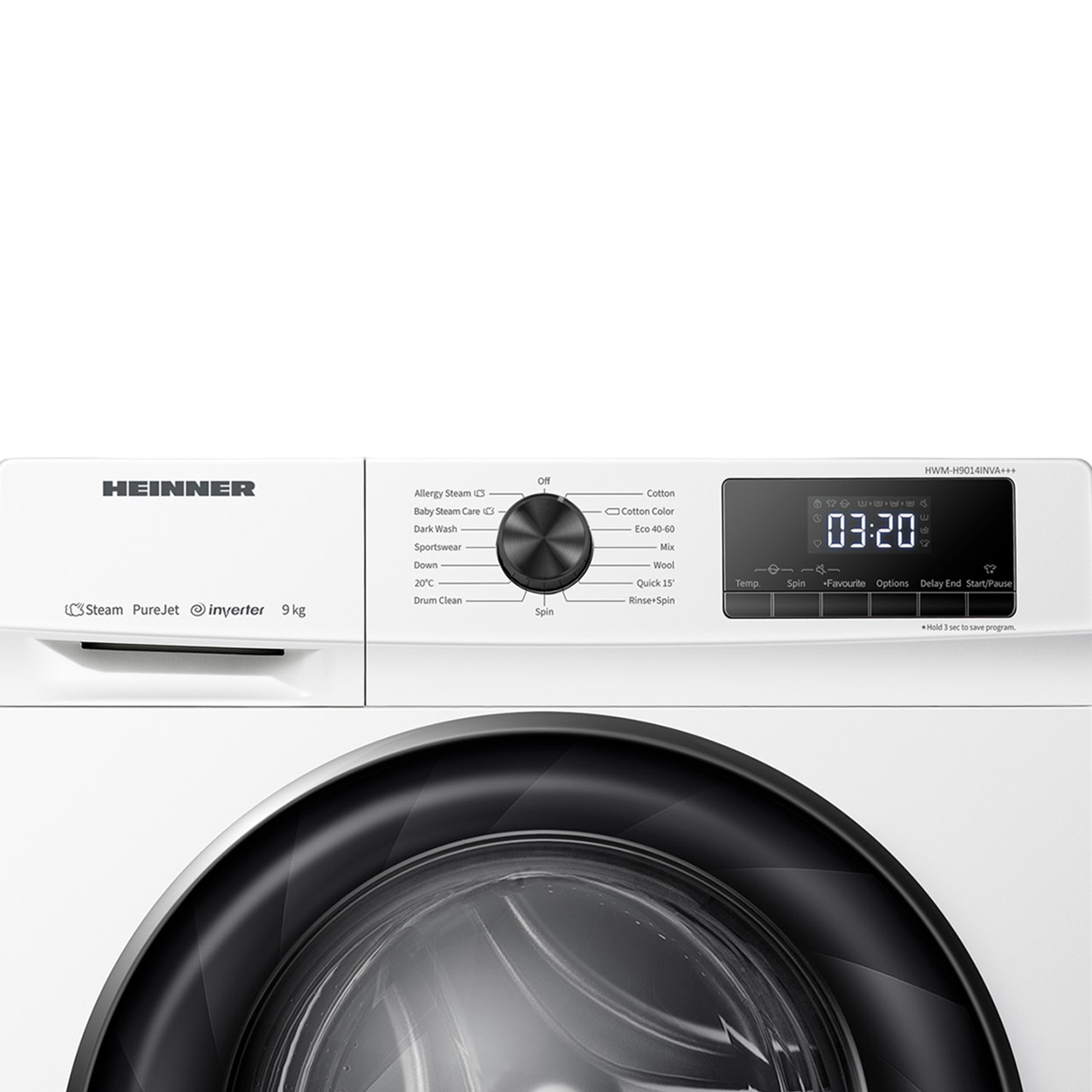 Eine weiße Waschmaschine mit schwarzem Bedienfeld und Digitalanzeige mit der Anzeige 03:20.