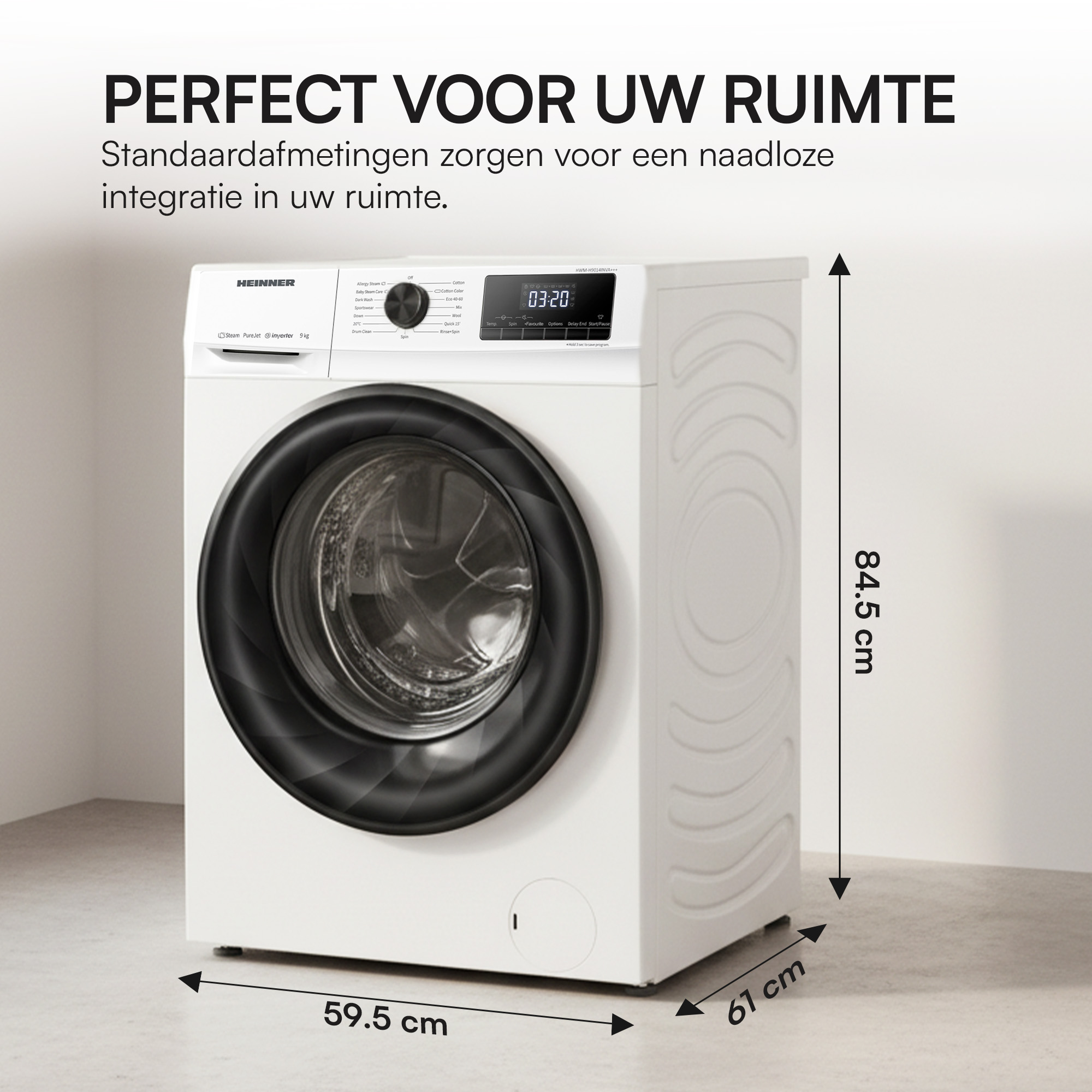Eine weiße Waschmaschine mit schwarzer Tür. Abmessungen sind angegeben. Text oben: 'Perfekt für Ihren Raum'.