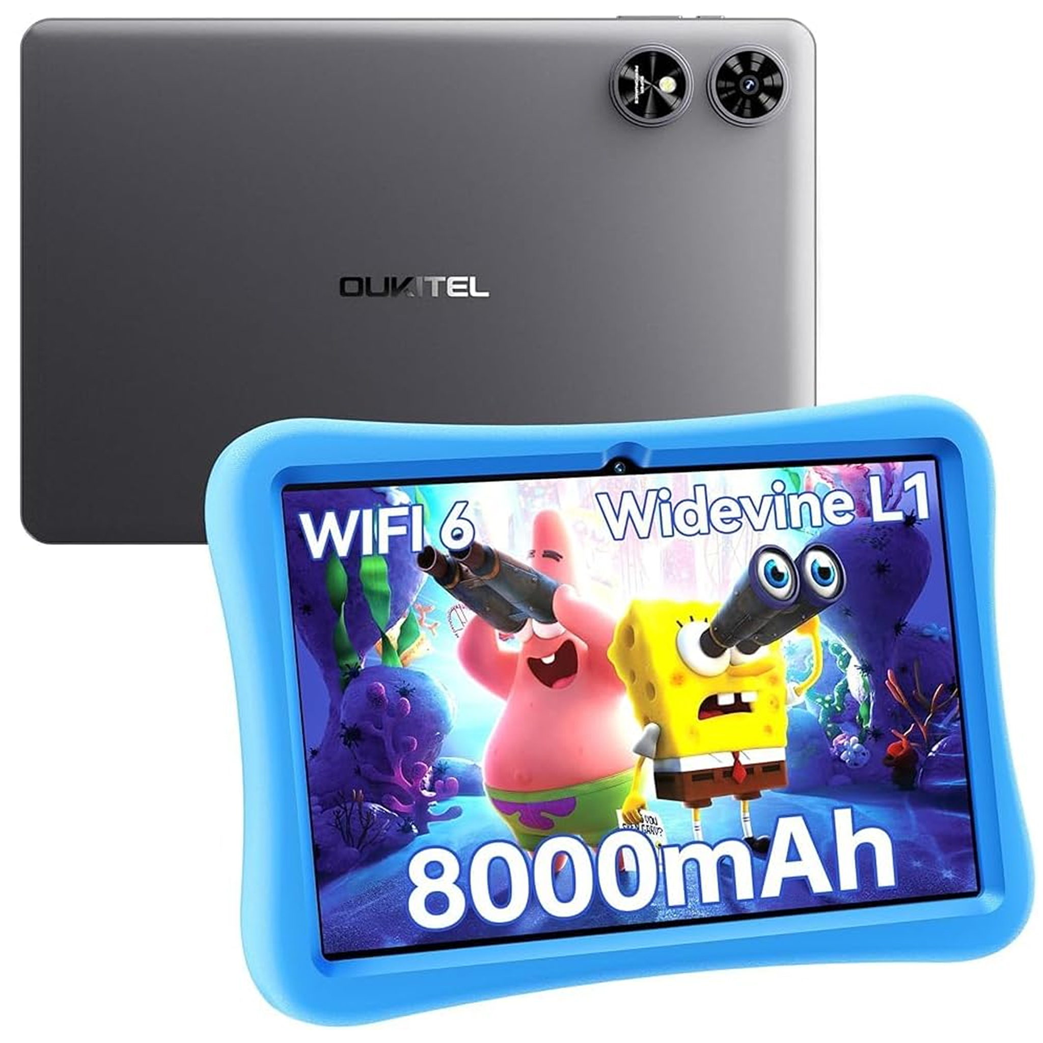 Ein Tablet mit blauem Rahmen zeigt SpongeBob und Patrick. Das Tablet befindet sich vor einem grauen Tablet.