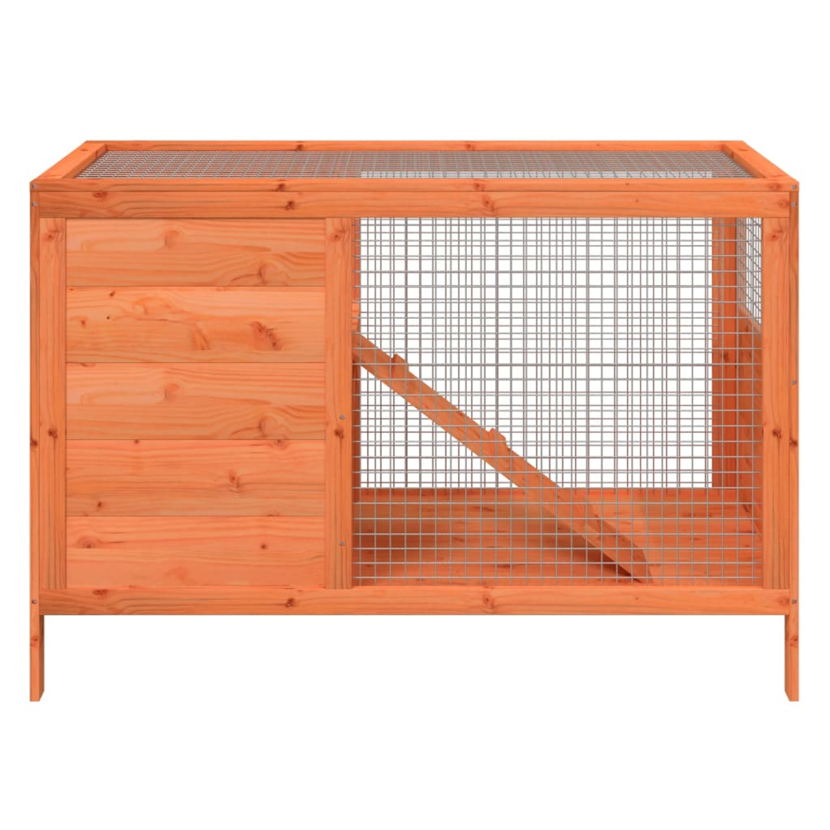 Holzkäfig mit Drahtgitterseiten und -dach, einer Rampe und einer Holztür. Er steht auf vier Beinen.