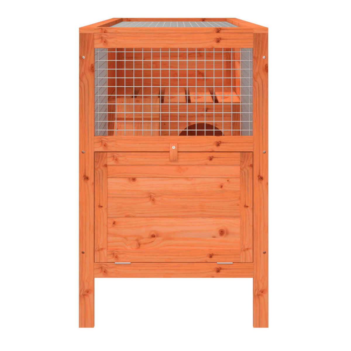 Ein hölzernes Tierhaus mit einer Gitterfront. Das Haus ist orange und hat eine Tür und ein Maschendach. Es steht auf vier Beinen.