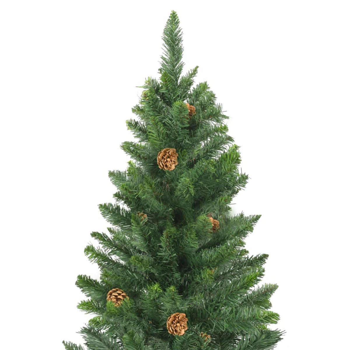 Ein grüner Weihnachtsbaum mit braunen Tannenzapfen auf weißem Hintergrund.