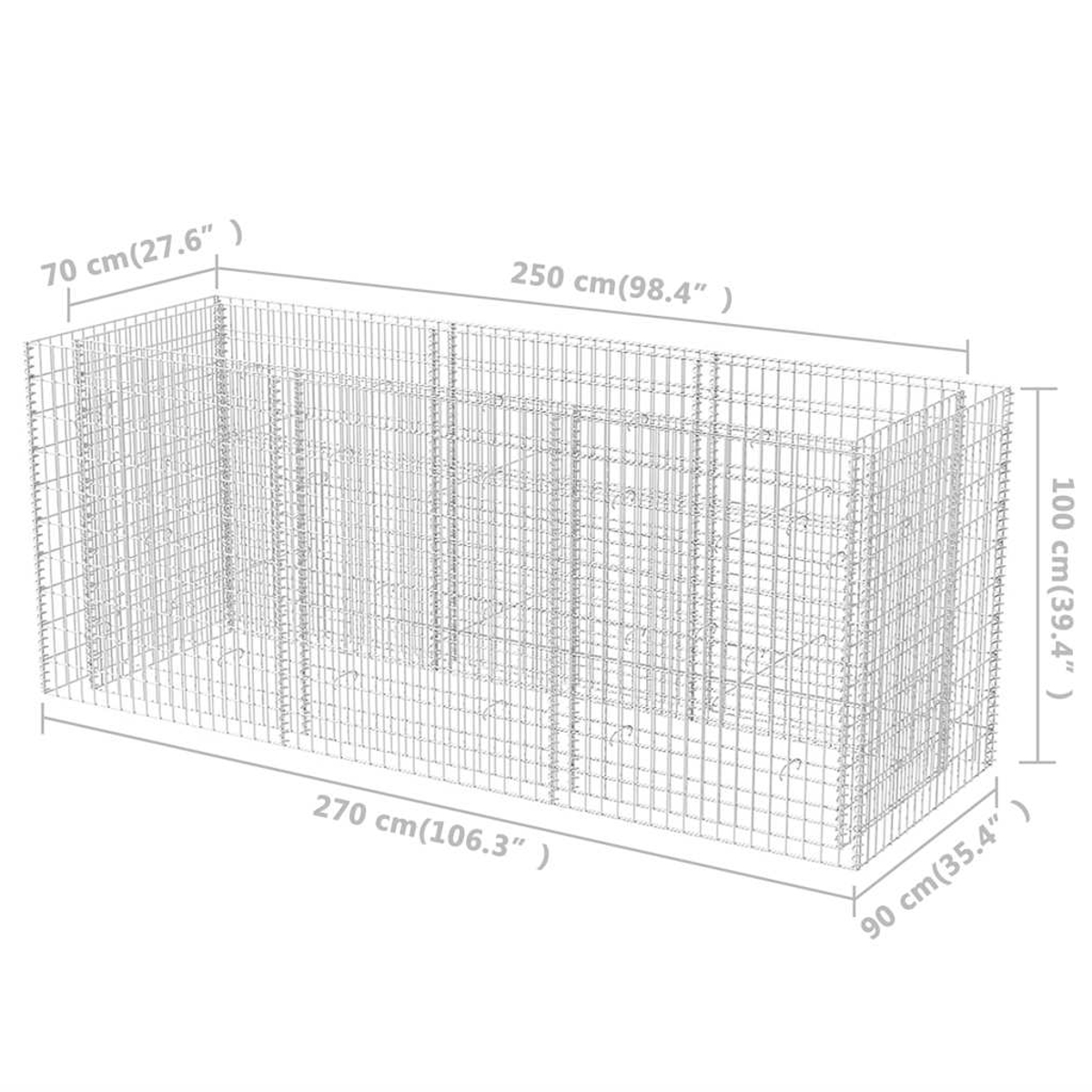 Ein rechteckiger Drahtkäfig mit Maßangaben in cm und Zoll. Er misst 270 cm lang, 100 cm hoch und 90 cm breit.