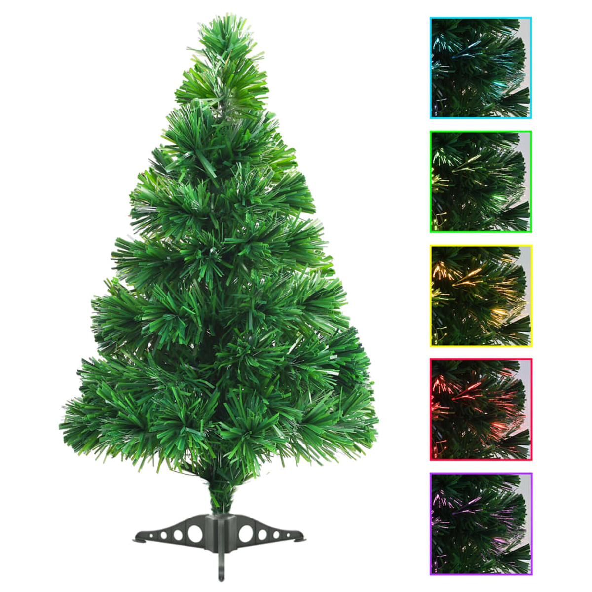 Ein grüner künstlicher Weihnachtsbaum mit Metallfuß. Fünf Einsetzbilder zeigen Farbvariationen der Glasfasernadeln des Baumes.