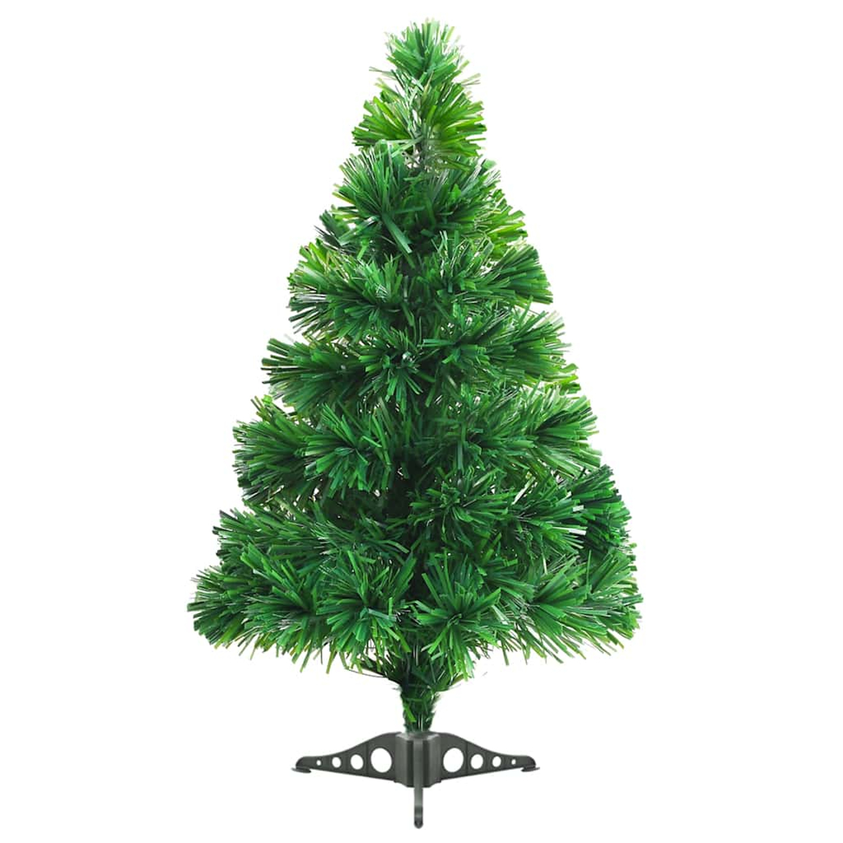 Ein kleiner, grüner künstlicher Weihnachtsbaum steht auf einem dunkelgrauen Fuß. Der Baum ist dicht mit grünen Nadeln bedeckt.