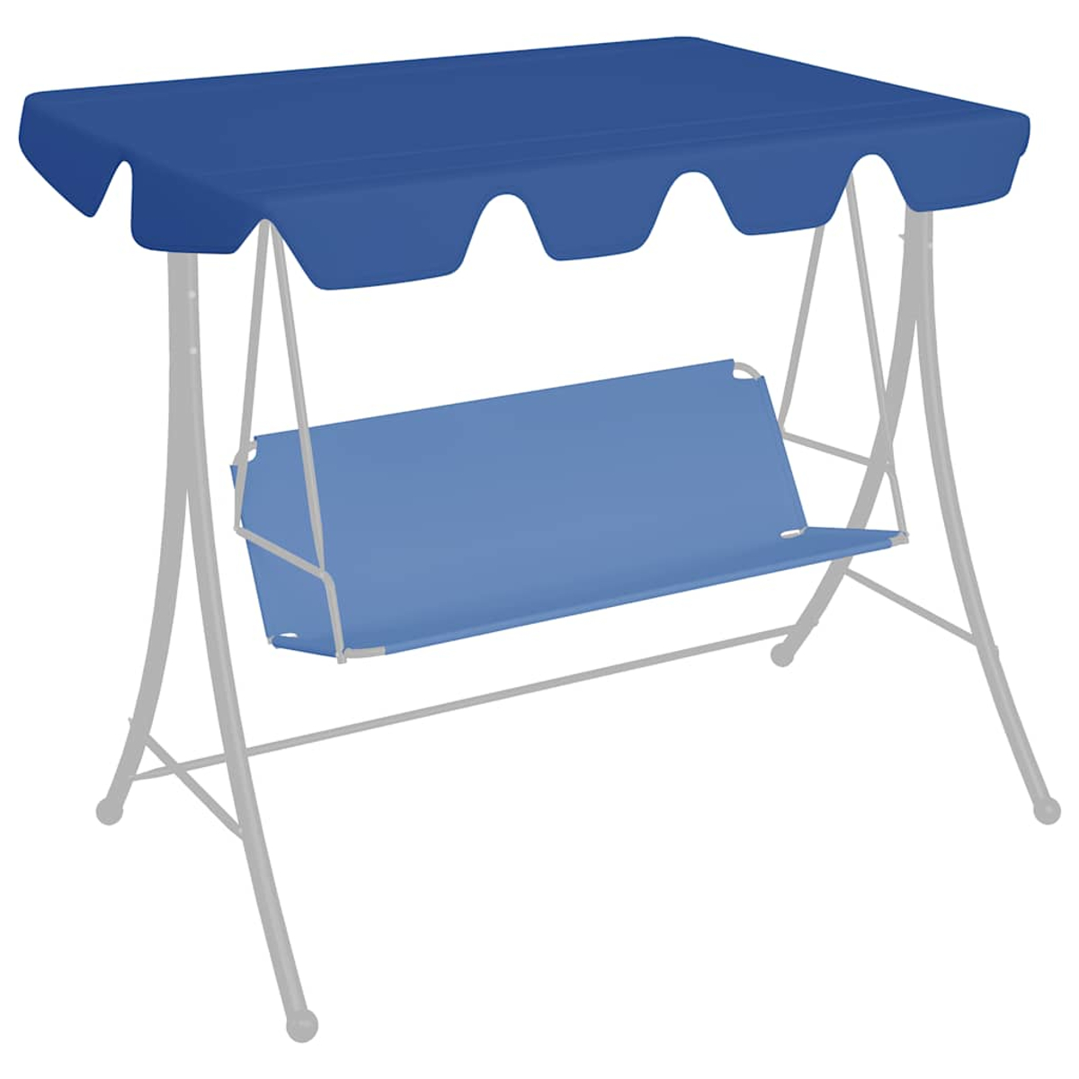 Un'altalena blu con una tettoia. Il telaio è grigio. La tettoia e il sedile sono blu.