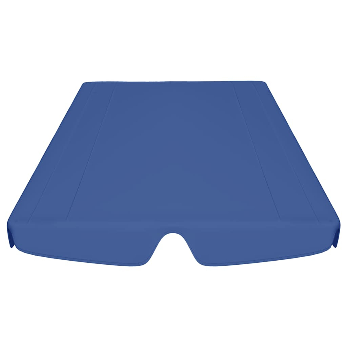 Una tenda da sole blu con bordo inferiore curvo e rientranza centrale. La superficie superiore ha cuciture visibili.