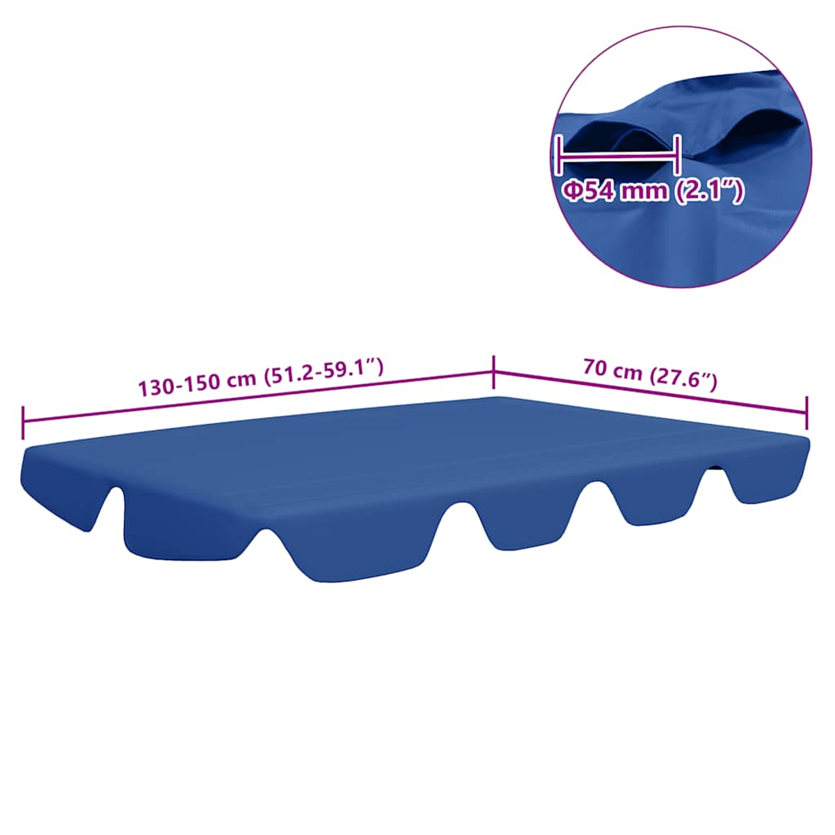Un tettuccio blu per altalena con misure. Le dimensioni sono: 130-150 cm (51,2-59,1"), 70 cm (27,6"), e un dettaglio di 54 mm (2,1").