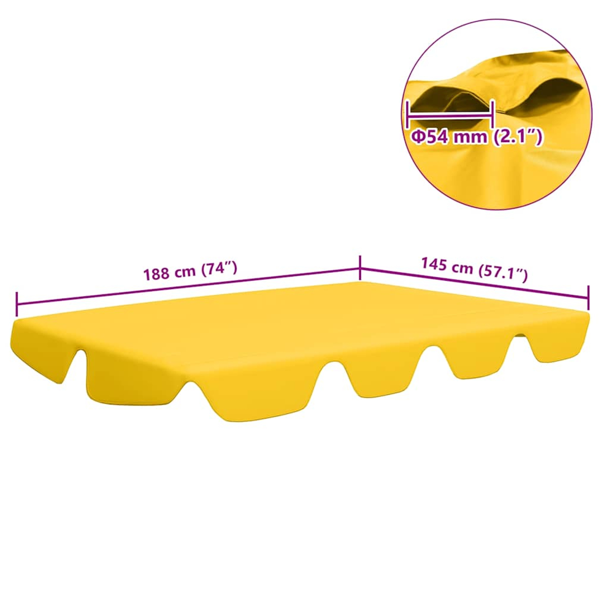 Una tenda da sole gialla con dimensioni: 188 cm (74") di lunghezza, 145 cm (57,1") di larghezza. Il dettaglio mostra 54 mm (2,1") di diametro.