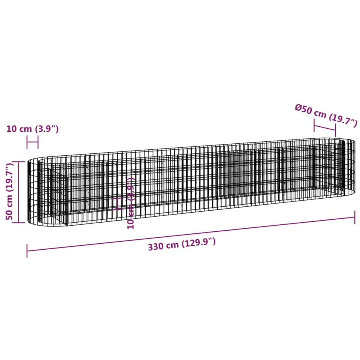 Eine Metallkäfigstruktur mit den angegebenen Abmessungen: 330 cm lang, 50 cm hoch, 10 cm breit und 50 cm Durchmesser. Der Käfig ist aus schwarzem Draht.