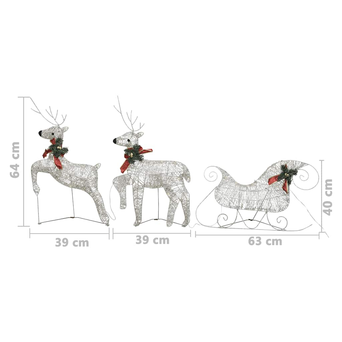 Drei beleuchtete Weihnachtsdekorationen: zwei Rentiere und ein Schlitten, alle aus silbernem Draht, mit roten Schleifen. Abmessungen sind enthalten.