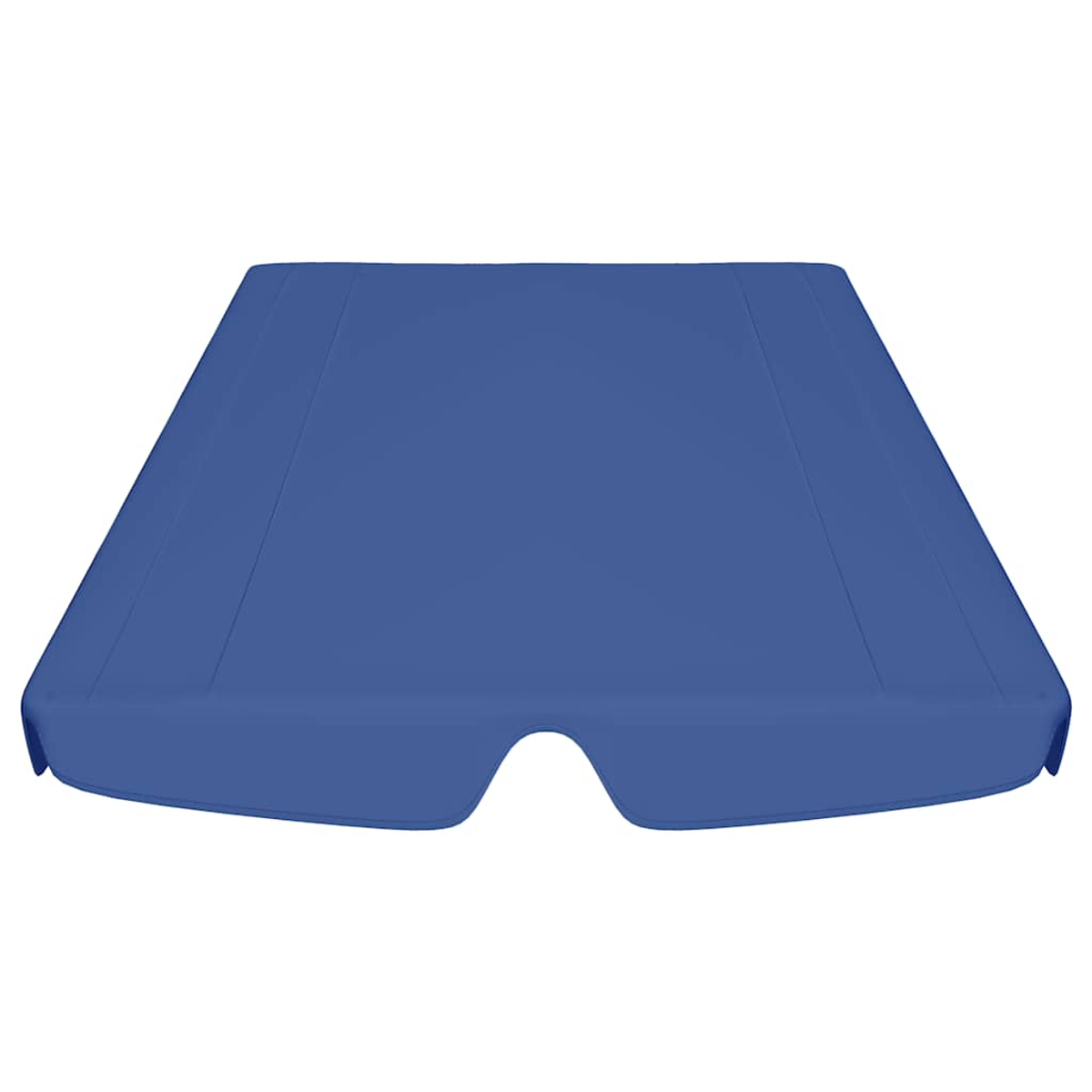 Una tenda da sole blu, forse per un'altalena o sedute all'aperto, su sfondo bianco. Ha un ritaglio curvo su un lato.