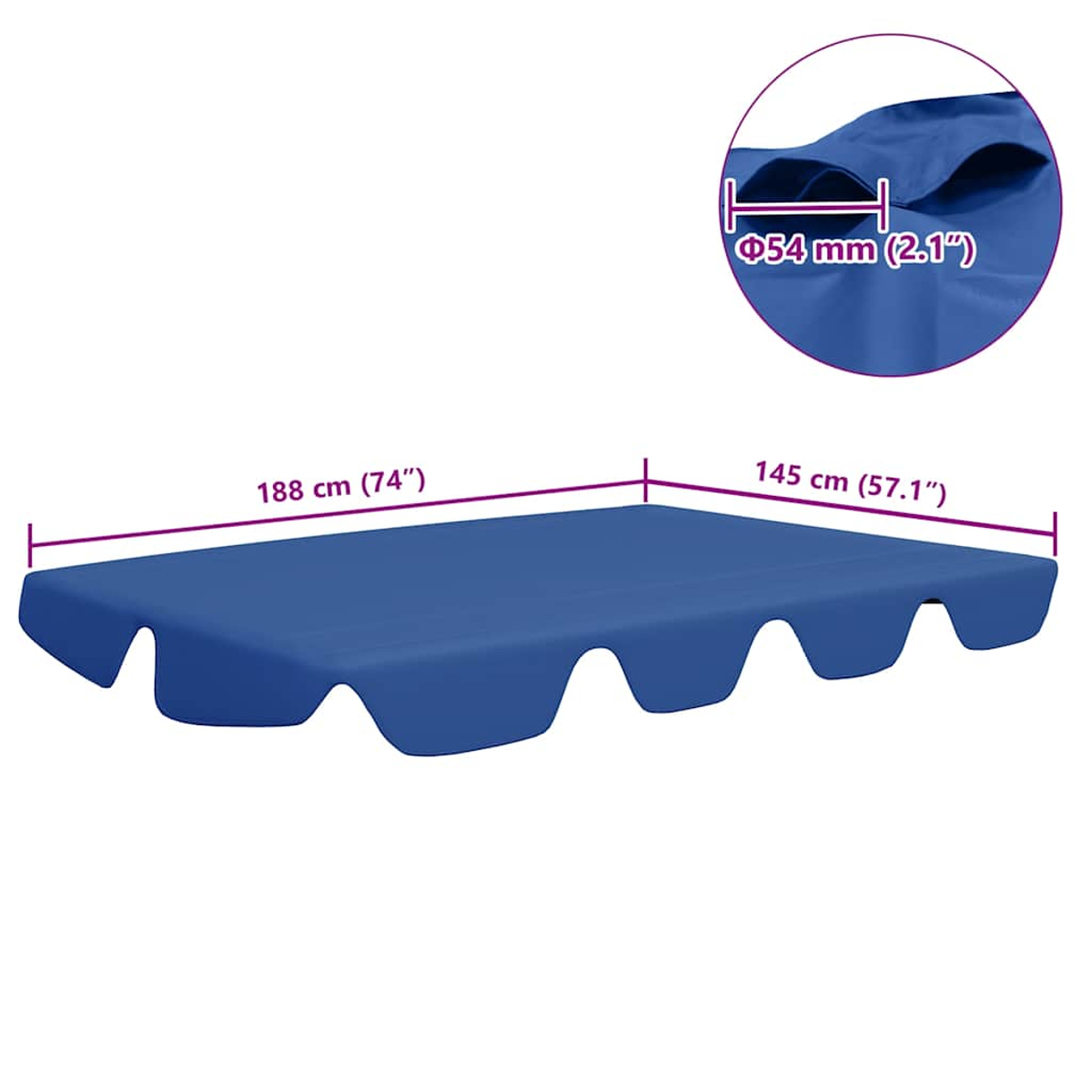 Una tenda blu con dimensioni. La parte principale è 188 cm (74") per 145 cm (57,1"). Un dettaglio mostra 54 mm (2,1").