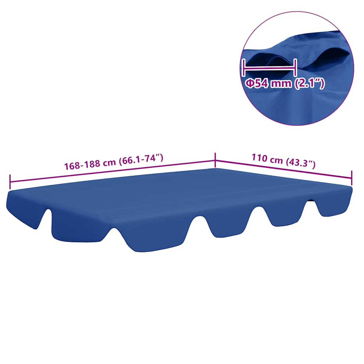 Una copertura blu per sedile oscillante con dimensioni etichettate. Un inserto circolare mostra un dettaglio del tessuto.