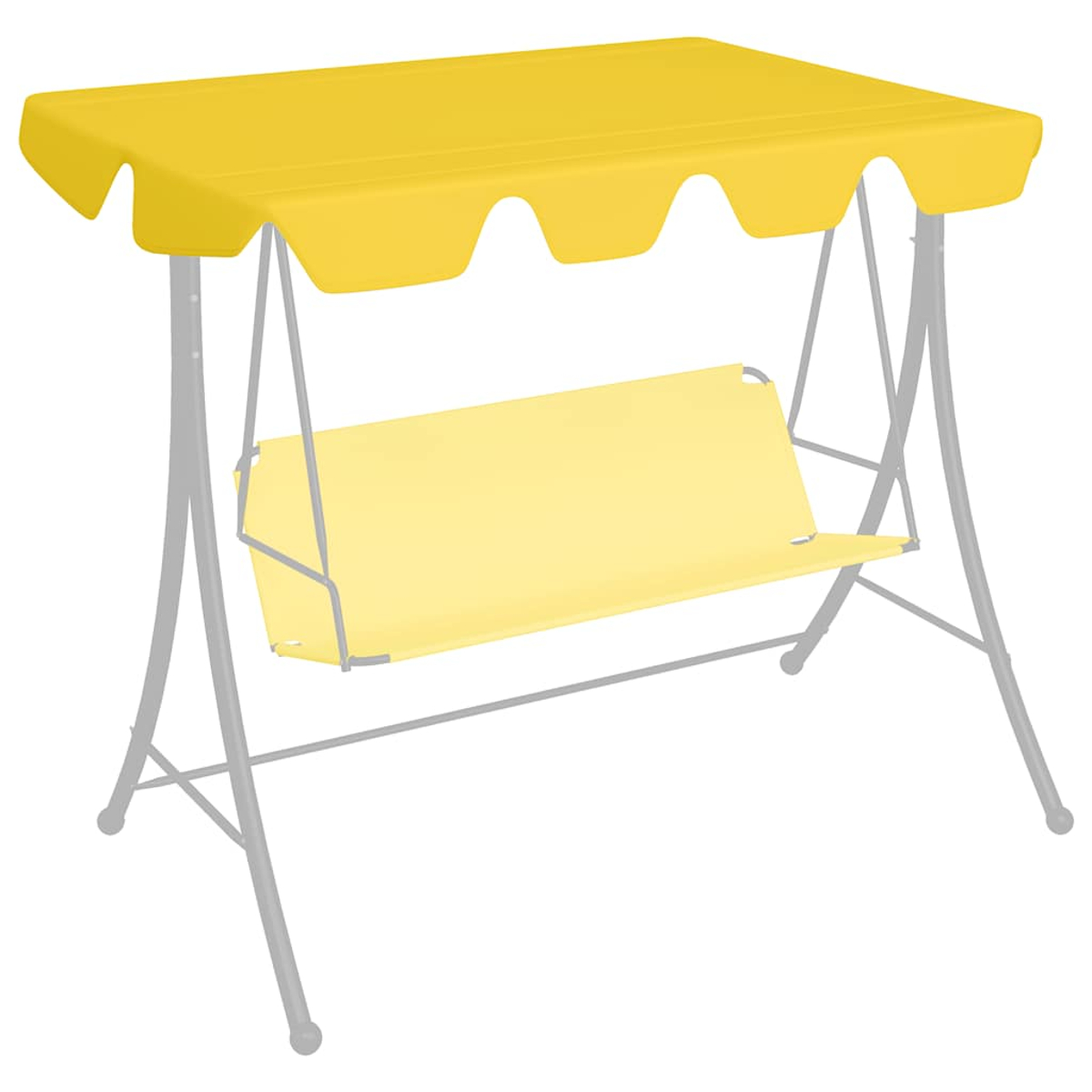 Un columpio amarillo con toldo. El marco es gris. El asiento y el toldo son amarillos. Fondo blanco liso.