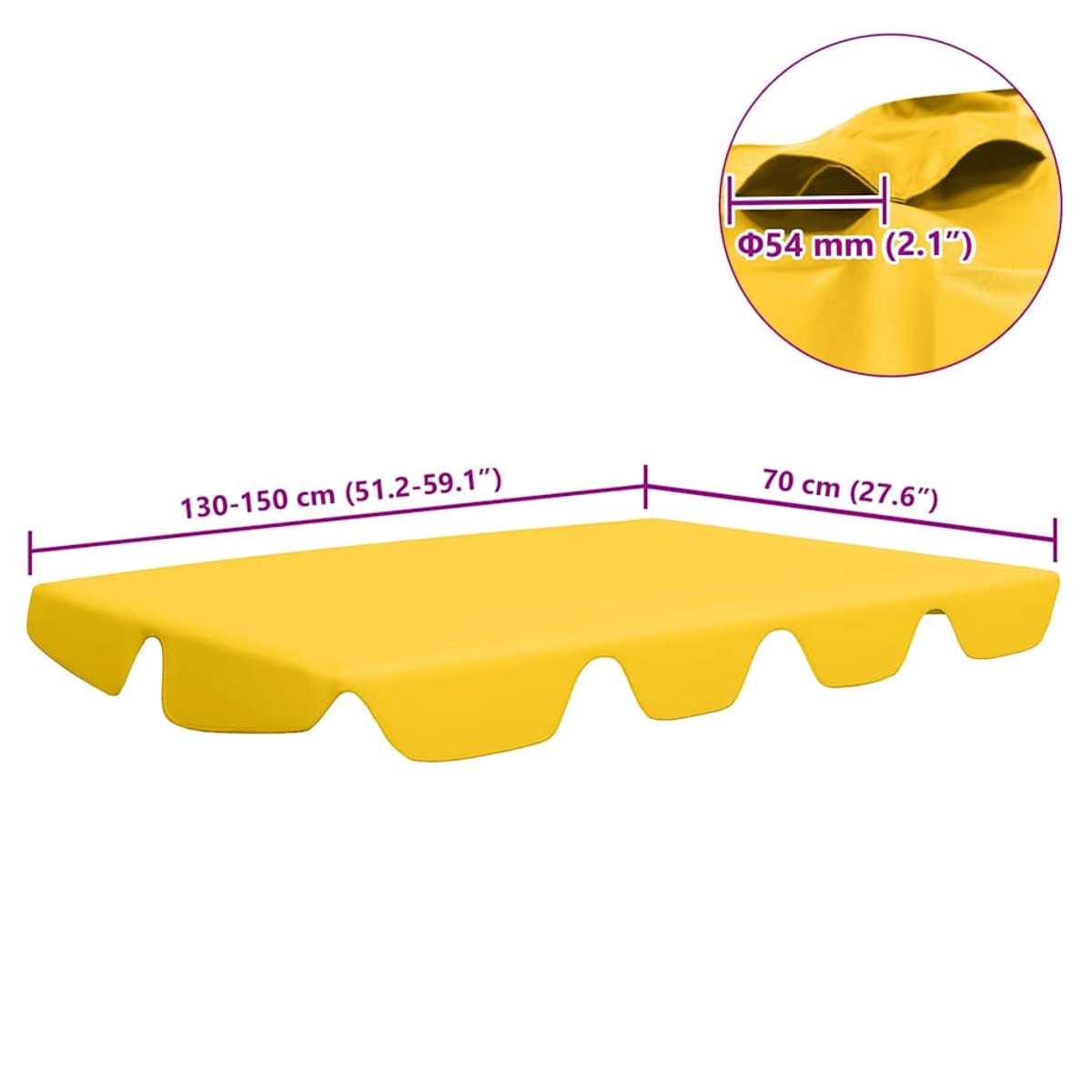 Un toldo amarillo con dimensiones: 130-150 cm, 70 cm y 54 mm. Tiene un borde curvo y un detalle ampliado.