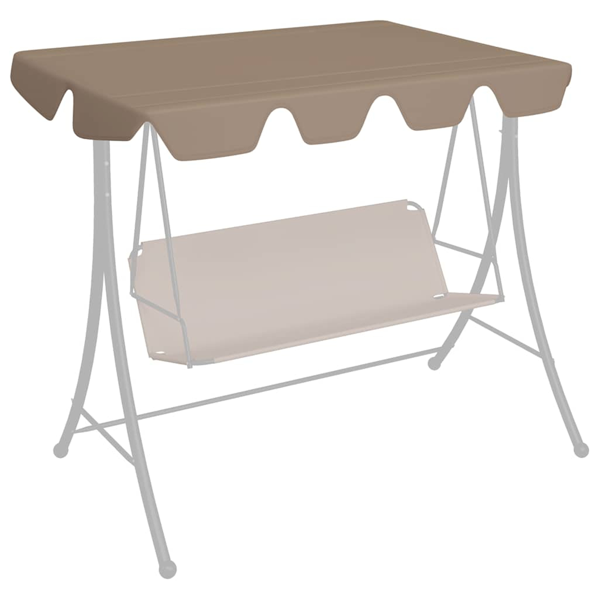 Un'altalena beige con tettuccio. La struttura in metallo sostiene l'altalena e il tettuccio. Altalena e tettuccio sono beige.