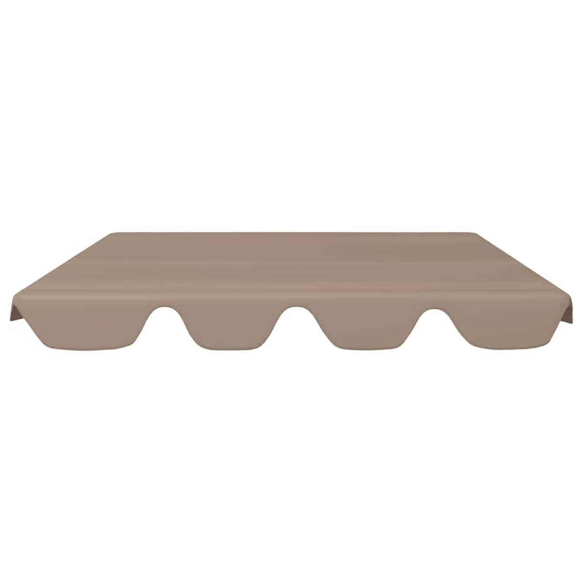 Una tenda da sole beige con bordi ondulati è centrata su sfondo bianco. La tenda da sole ha una forma rettangolare con bordi curvi.