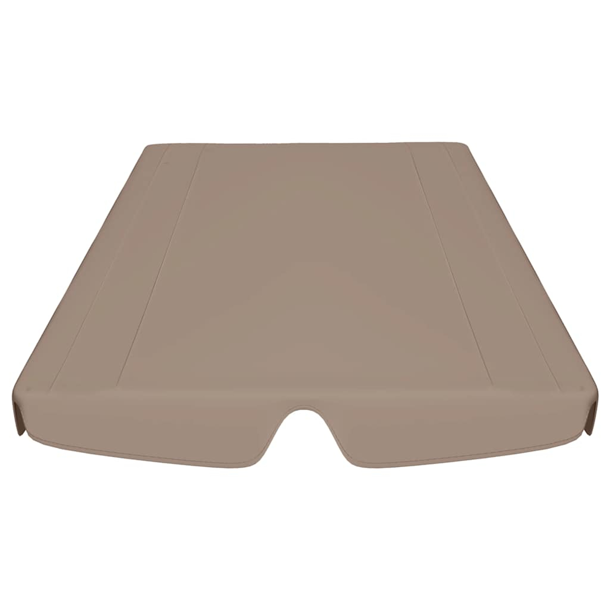 Un oggetto rettangolare beige con un'indentazione curva su un lato, probabilmente una tenda da sole o una struttura ombreggiante, su sfondo bianco.