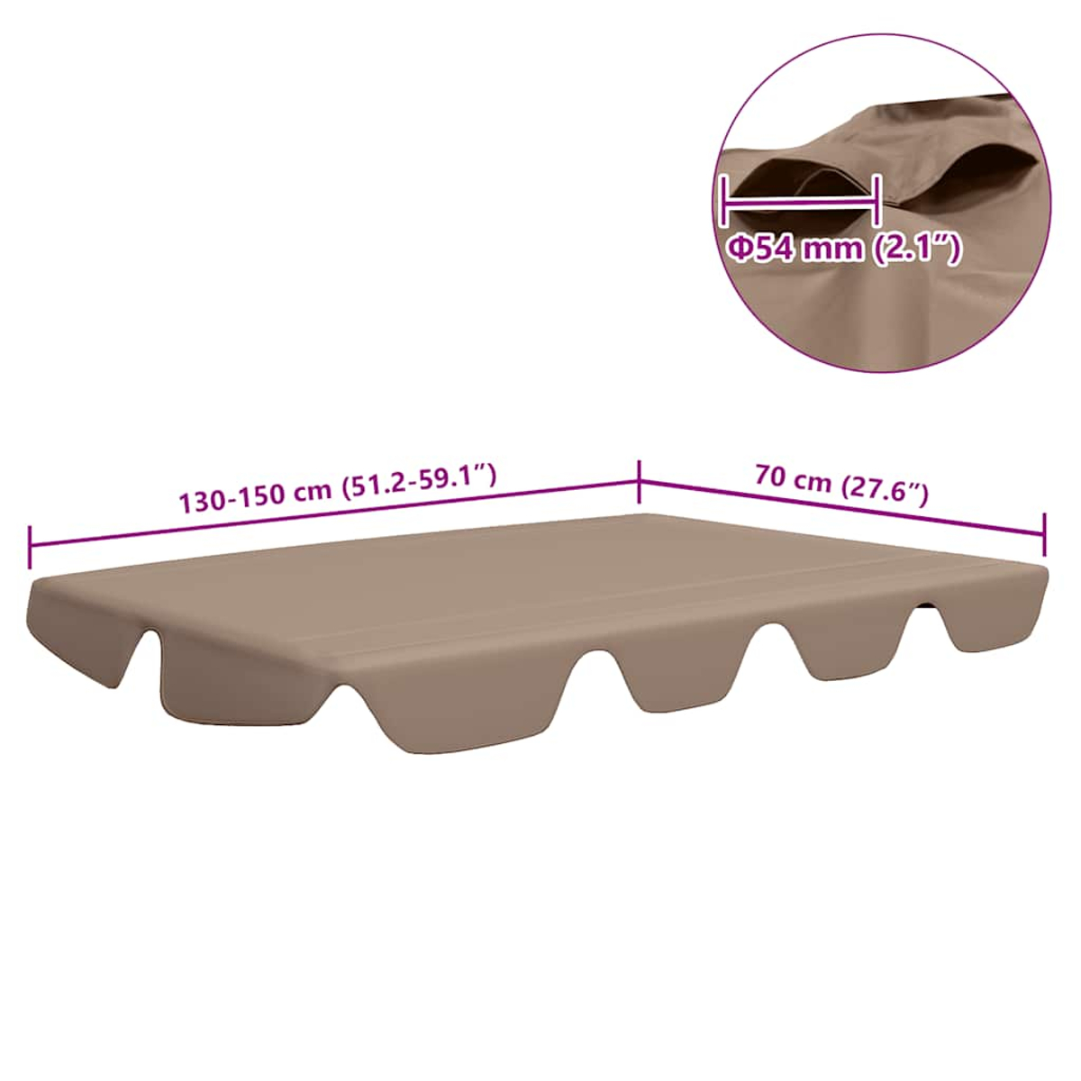 Una tenda da sole beige con dimensioni: 130-150 cm, 70 cm e un dettaglio di 54 mm. Sfondo bianco.