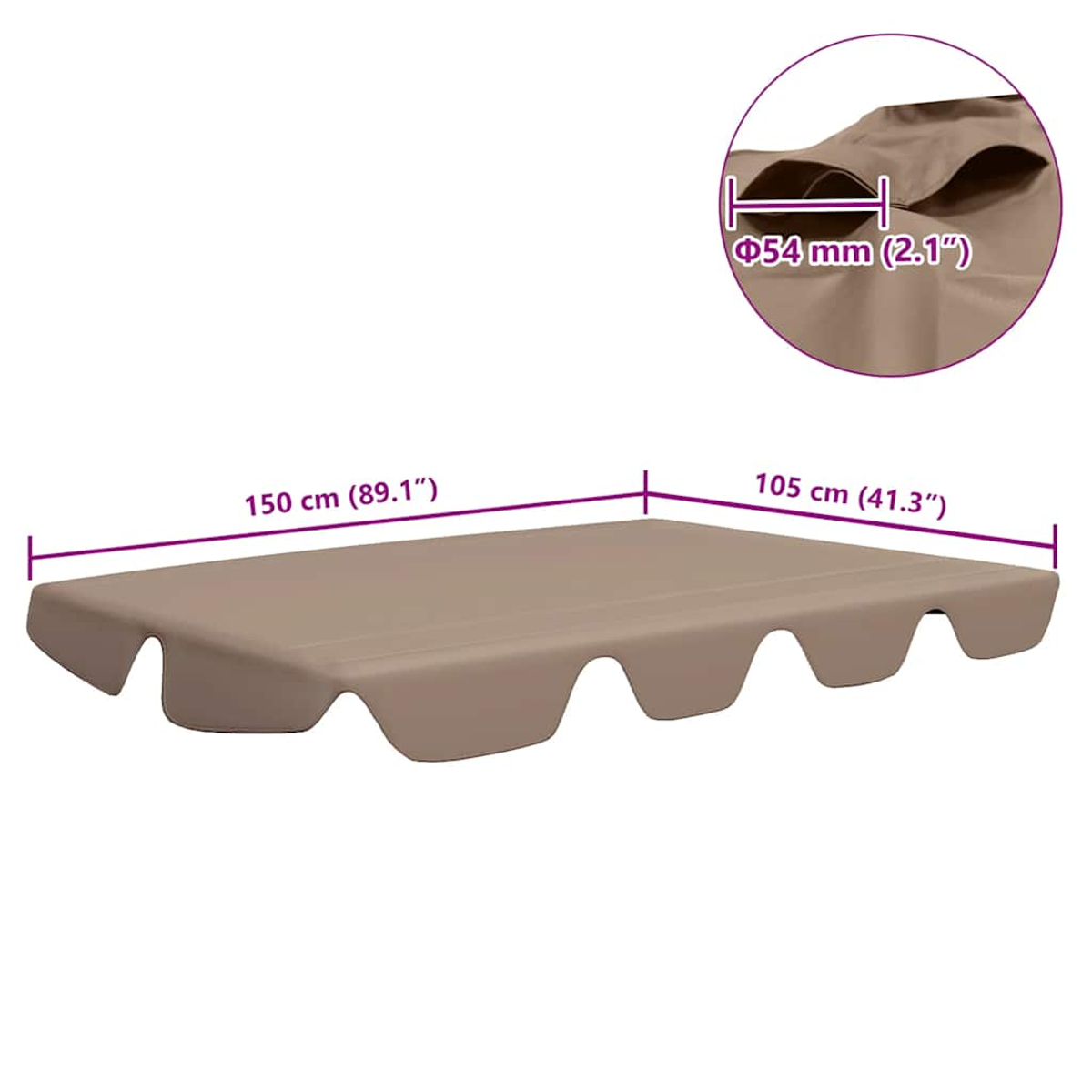 Tenda da altalena beige. Dimensioni: 150 cm x 105 cm. Un inserto circolare mostra un dettaglio con un diametro di 54 mm.