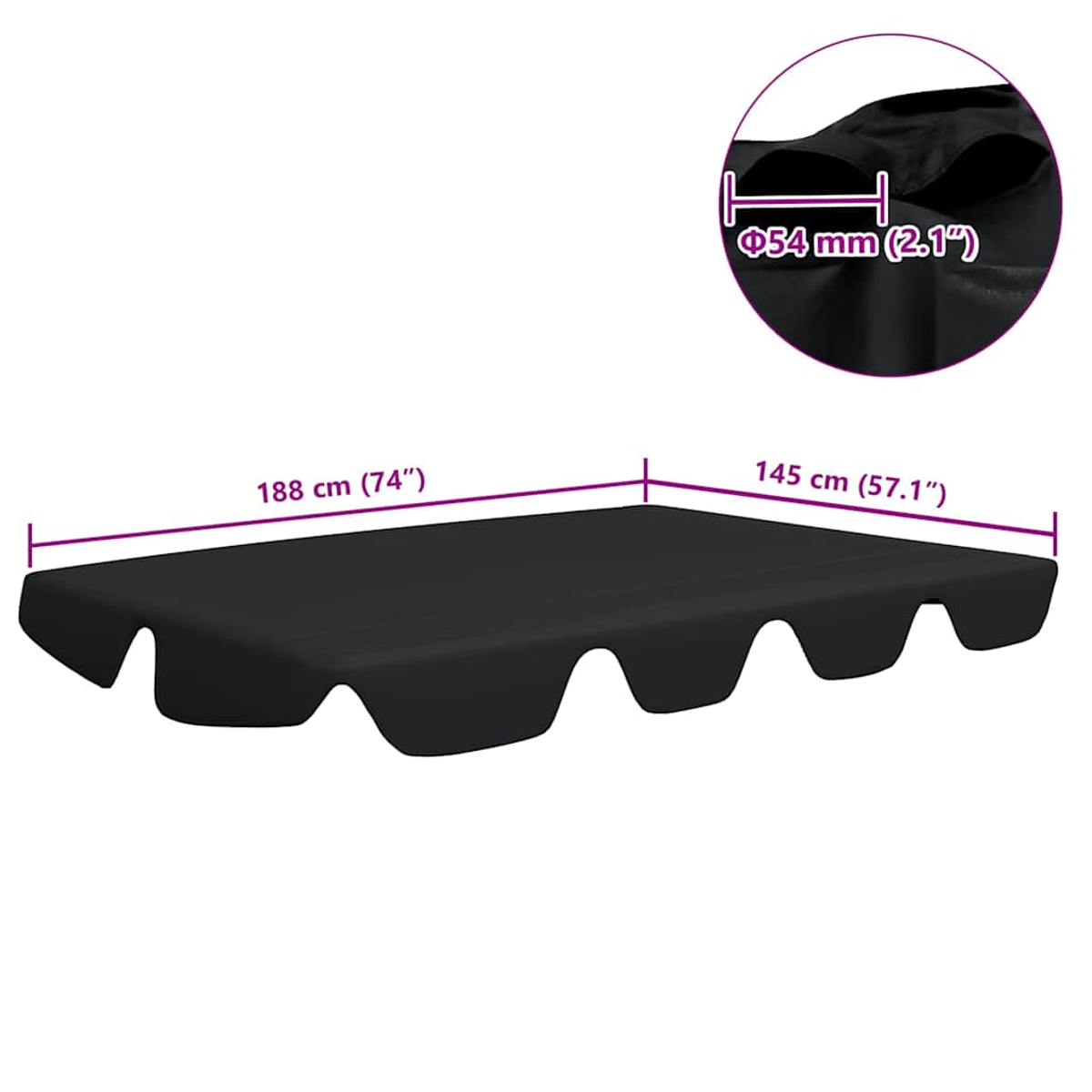 Una tettoia nera per altalena con dimensioni: 188 cm (74"), 145 cm (57.1"), e un dettaglio di 54 mm (2.1").