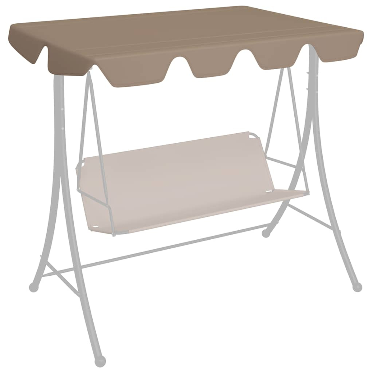 Un columpio beige con dosel. El columpio tiene un asiento beige claro y un dosel a juego. El marco es metálico.