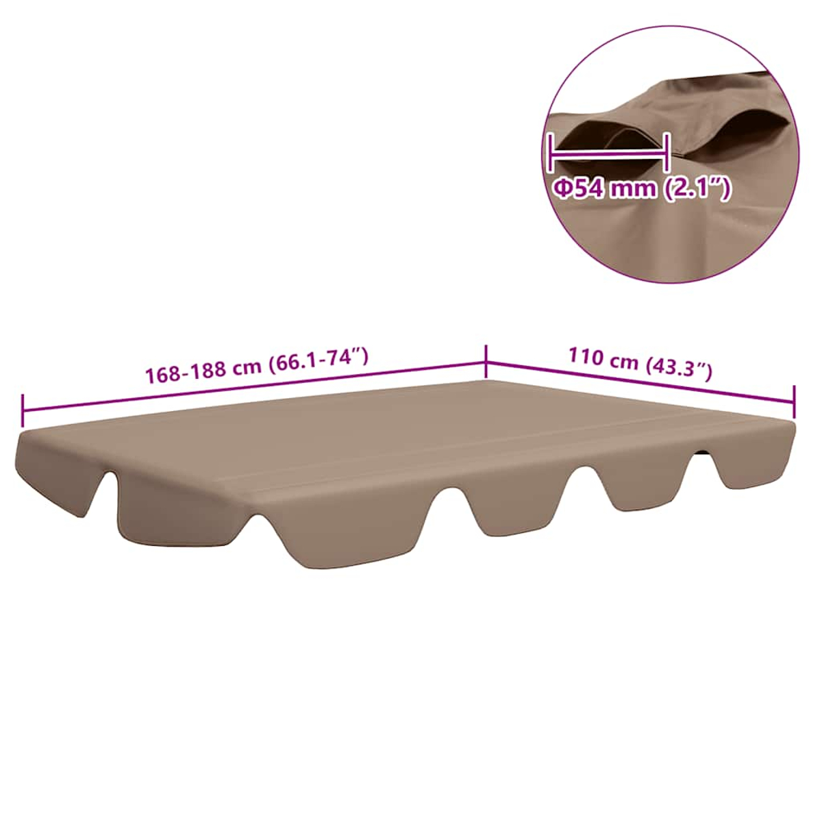Toldo de columpio beige con dimensiones. El ancho es 110 cm, la longitud es 168-188 cm. Una sección ampliada muestra 54 mm de diámetro.