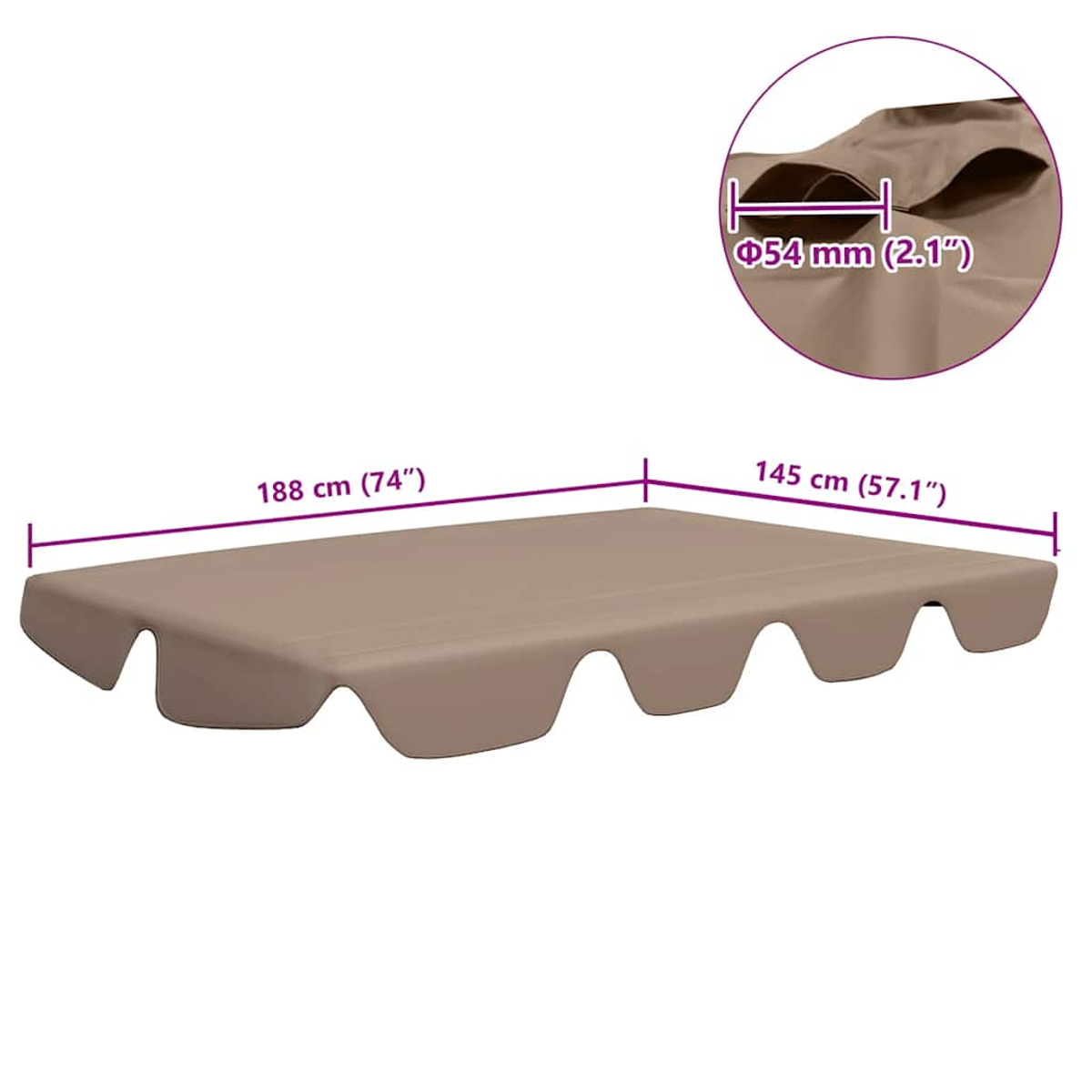 Un toldo de columpio beige con dimensiones etiquetadas: 188 cm (74"), 145 cm (57.1"), y un detalle de 54 mm (2.1").