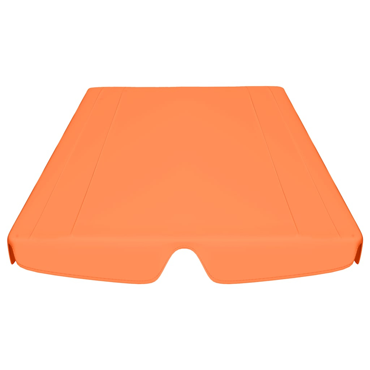Un oggetto rettangolare arancione con un'indentazione curva su un lato, probabilmente una tenda da sole. Lo sfondo è bianco.