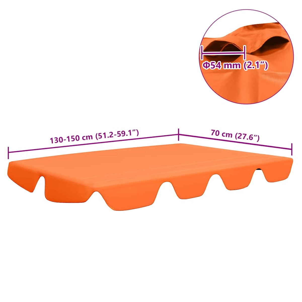 Una tenda da sole arancione con misure etichettate. La tenda da sole ha un bordo curvo e un primo piano che mostra un dettaglio di 54 mm.