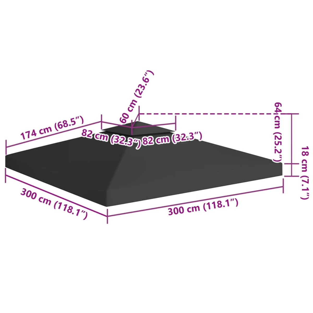 Una parte superior de cenador negro con dimensiones etiquetadas en cm y pulgadas. Las medidas incluyen largo, ancho y alto.