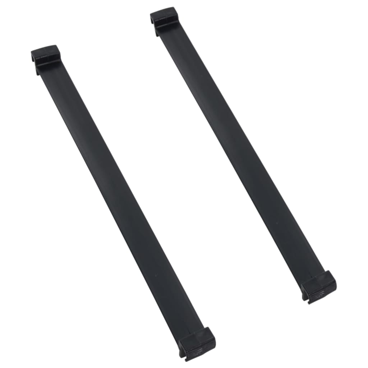 Zwei schwarze, flache, rechteckige Kabel mit schwarzen Steckern an jedem Ende, diagonal auf weißem Hintergrund.