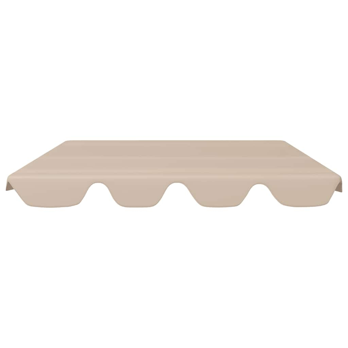 Una tenda da sole beige e curva con bordo inferiore ondulato, su sfondo bianco.
