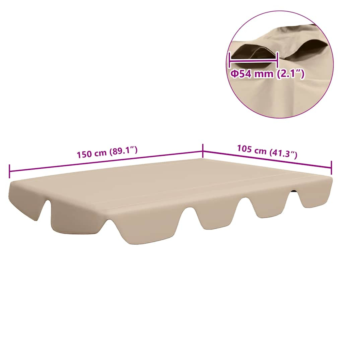 Una copertura per altalena beige con dimensioni: 150 cm, 105 cm e 54 mm. Un primo piano mostra il dettaglio del tessuto.