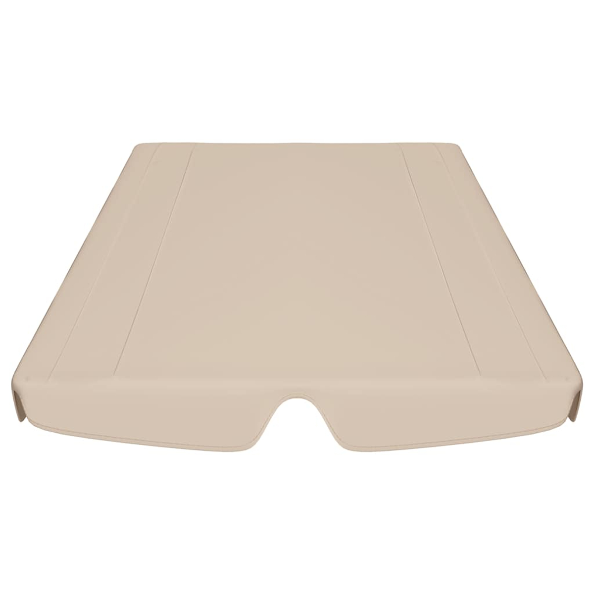 Una tenda da sole beige rettangolare con bordo inferiore curvo. Ha sottili dettagli a coste e un ritaglio al centro del bordo inferiore.