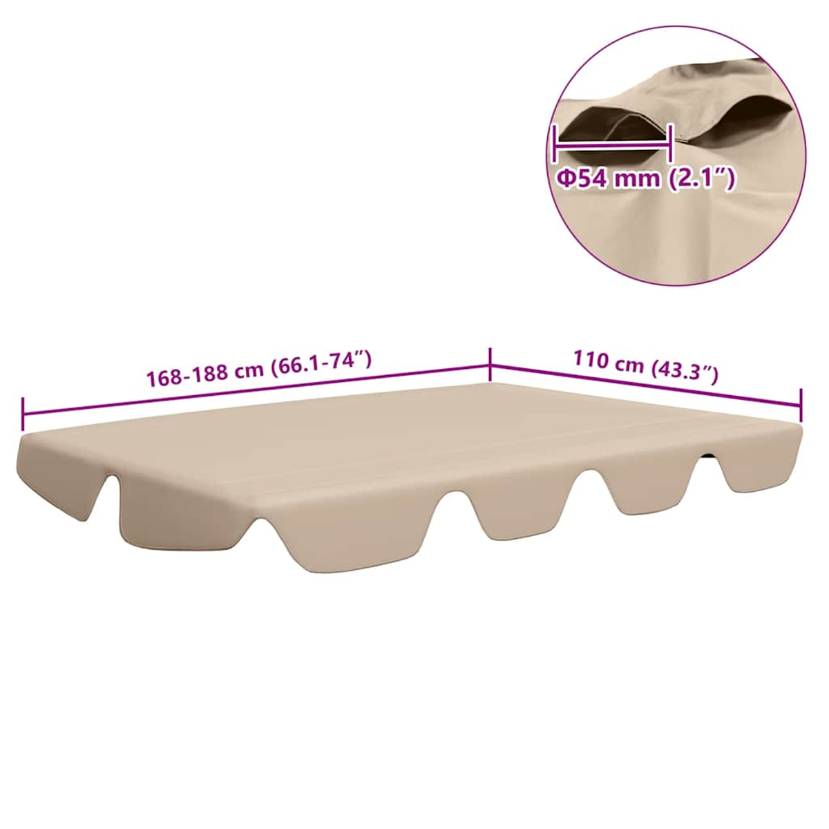 Tenda da sole beige per altalena con dimensioni. Dettagli: lunghezze di 168-188 cm, 110 cm e diametro di 54 mm, su sfondo bianco.