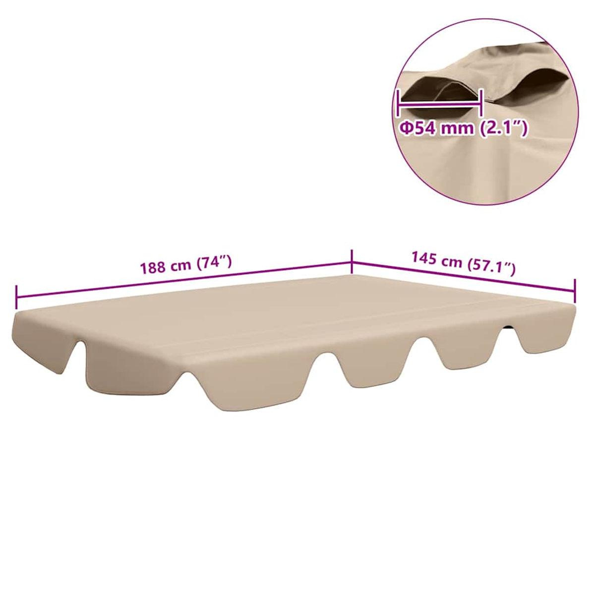 Tenda beige con dimensioni: 188 cm (74") di lunghezza, 145 cm (57,1") di larghezza. Un inserto circolare mostra un dettaglio di 54 mm (2,1").