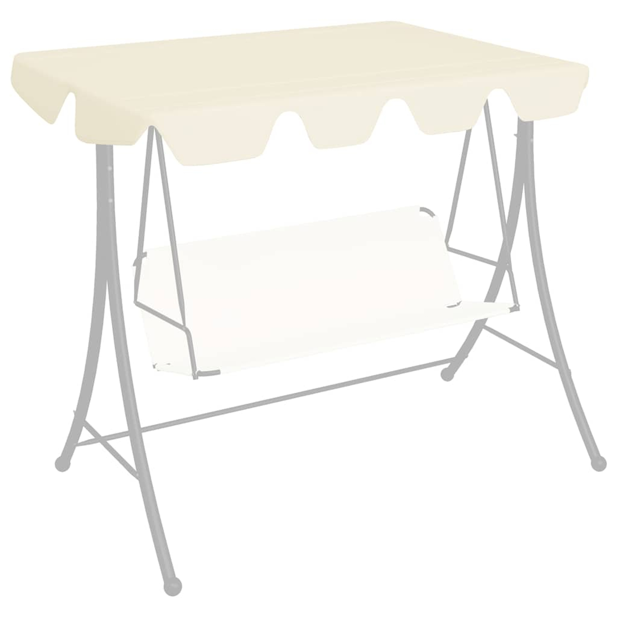 Un'altalena beige con tettuccio. Ha un sedile bianco e una struttura in metallo grigio. Il tettuccio ha un bordo smerlato.
