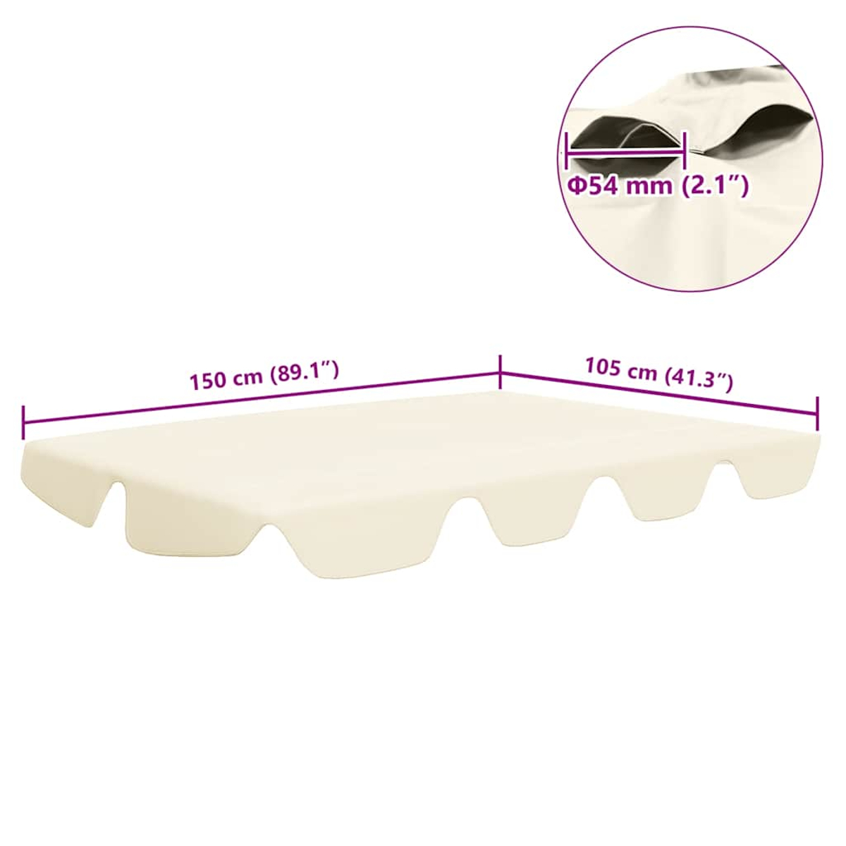 Un tettuccio color crema con dimensioni in cm e pollici. Un inserto circolare mostra i dettagli del materiale e una misura.