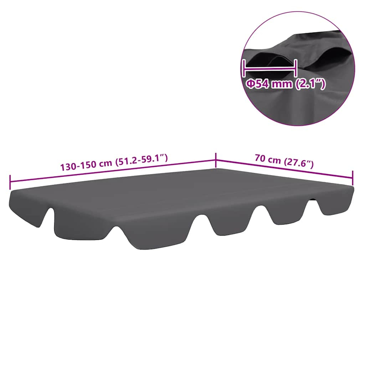 Una copertura per altalena grigia con dimensioni. La copertura è lunga 130-150 cm e larga 70 cm. Un dettaglio mostra uno spessore di 54 mm.