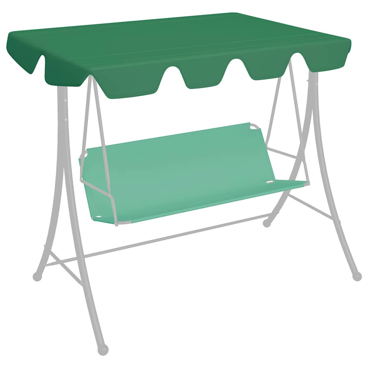 Un'altalena verde con una tettoia. Il sedile è verde e il telaio grigio. La tettoia ha un bordo smerlato.