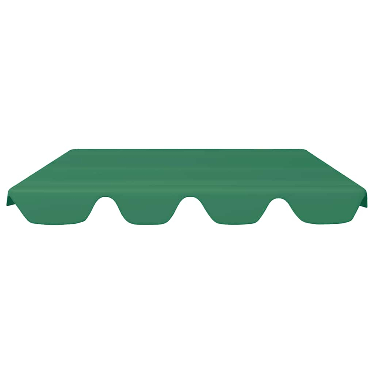 Una tenda da sole verde con bordo ondulato è mostrata su sfondo bianco. La tenda da sole è rettangolare con bordo inferiore curvo.